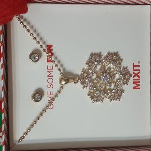 MIXIT Goldtone Sparkly Crystal Snowflake Holiday Necklace & Stud Earrings Set